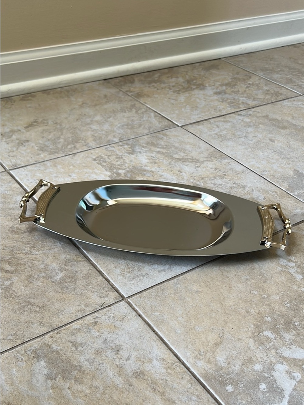 Vintage Kromex metal platter with gold handles